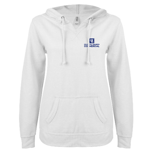 ENZA Womens White V Notch Raw Edge Fleece Hoodie-Coldwell Banker Commercial
