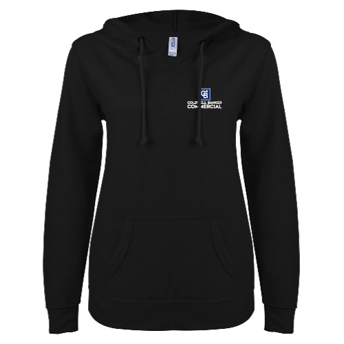 ENZA Womens Black V Notch Raw Edge Fleece Hoodie-Coldwell Banker Commercial