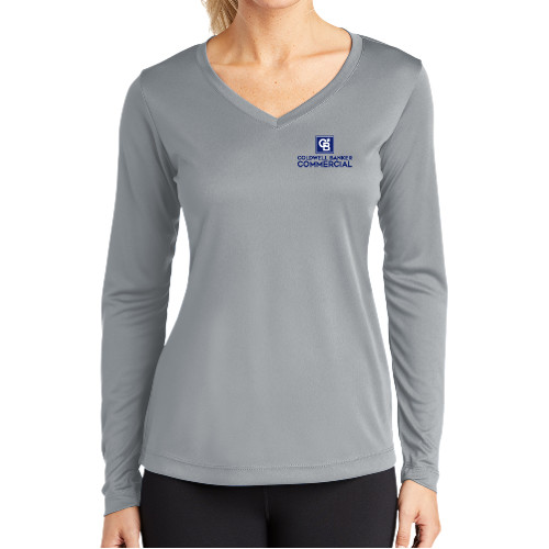 Womens Grey Performance Long Sleeve V Neck Shirt-Coldwell Banker Commercial
