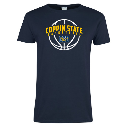 Womens Short Sleeve Navy Tee - Coppin State Basketball Arched w/ Ball