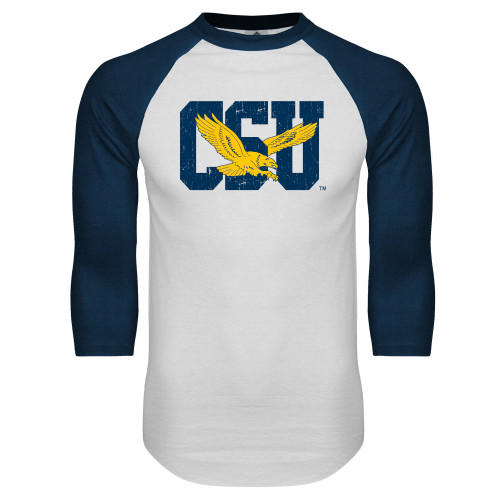  White/Navy Raglan Baseball T Shirt - Official Logo Distressed