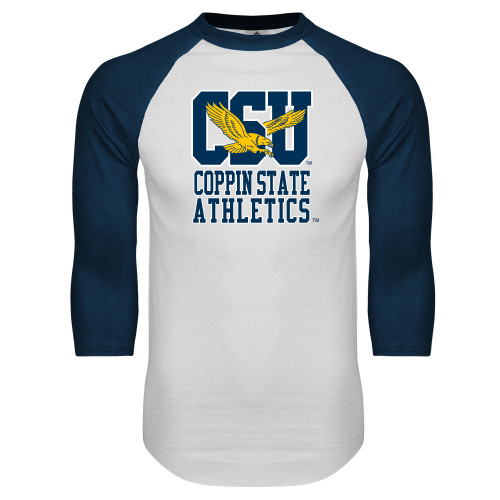  White/Navy Raglan Baseball T Shirt - CSU Coppin State Athletics