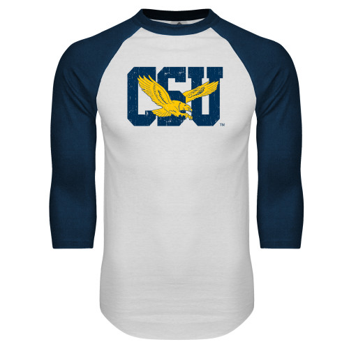  White/Navy Raglan Baseball T Shirt - Official Logo Distressed