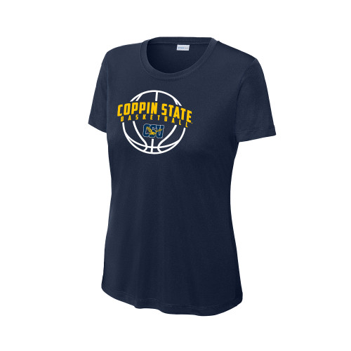 Womens Navy Performance Tee - Coppin State Basketball Arched w/ Ball