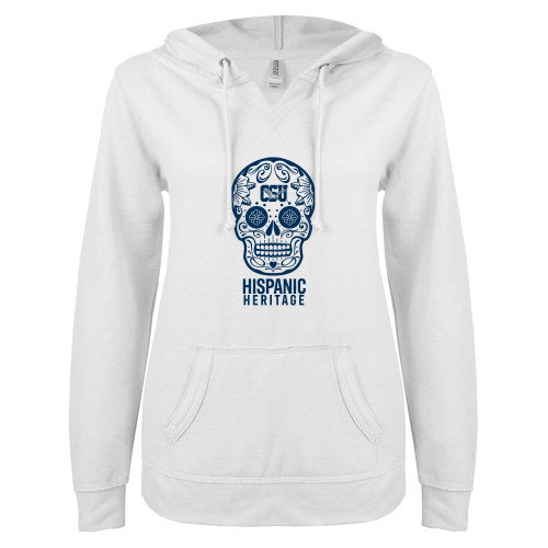  ENZA Womens White V Notch Raw Edge Fleece Hoodie - Calavera Hispanic Heritage - CSU
