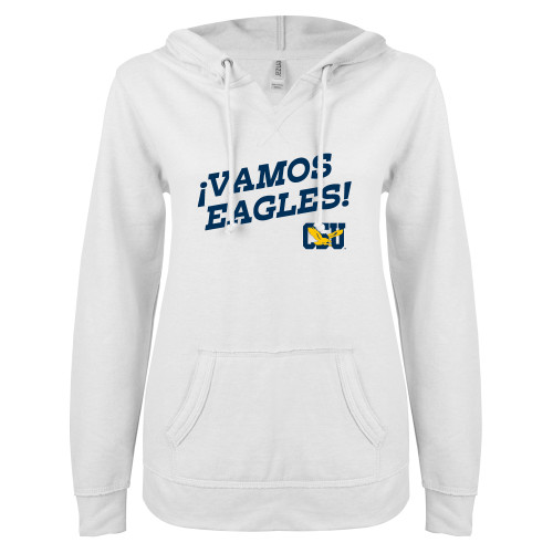  ENZA Womens White V Notch Raw Edge Fleece Hoodie - Calavera Hispanic Heritage - CSU
