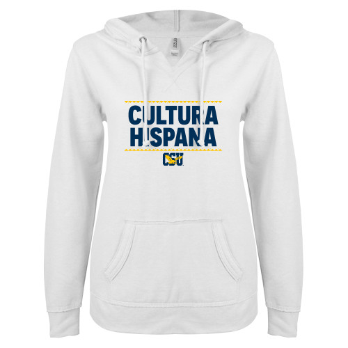  ENZA Womens White V Notch Raw Edge Fleece Hoodie - Cultura Hispana Hispanic Heritage - CSU
