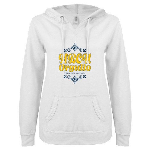  ENZA Womens White V Notch Raw Edge Fleece Hoodie - HBCU Orgullo Hispanic Heritage - CSU