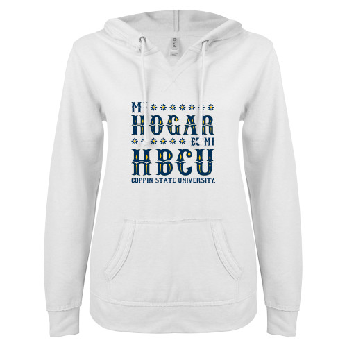  ENZA Womens White V Notch Raw Edge Fleece Hoodie - Mi Hogar Es Mi HBCU Hispanic Heritage - CSU