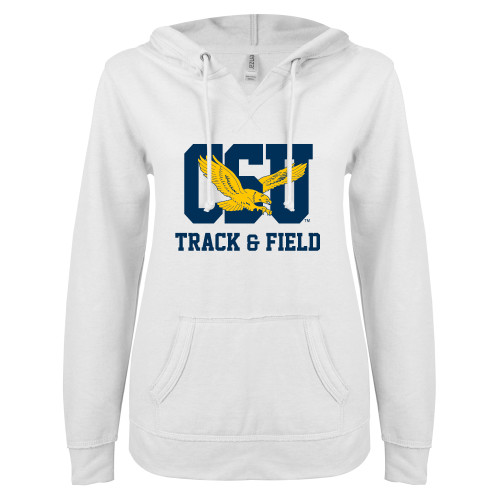  ENZA Womens White V Notch Raw Edge Fleece Hoodie - Track & Field