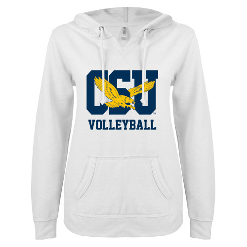  ENZA Womens White V Notch Raw Edge Fleece Hoodie - Volleyball