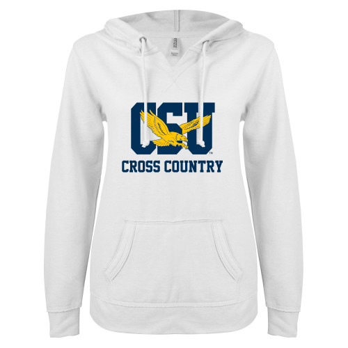  ENZA Womens White V Notch Raw Edge Fleece Hoodie - Cross Country