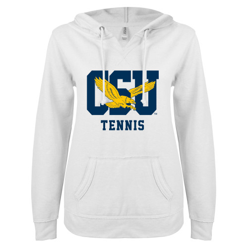  ENZA Womens White V Notch Raw Edge Fleece Hoodie - Tennis