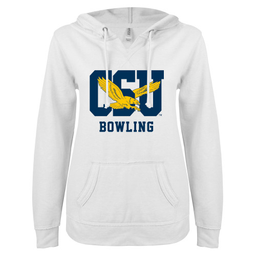  ENZA Womens White V Notch Raw Edge Fleece Hoodie - Bowling