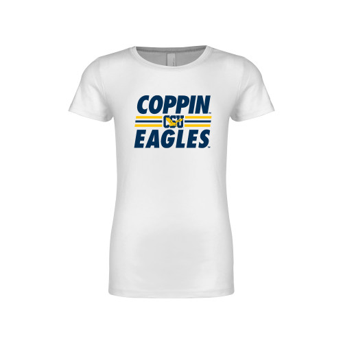  Next Level Girls White Fashion Fit T Shirt - Coppin Eagles Stacked w/ Stripes