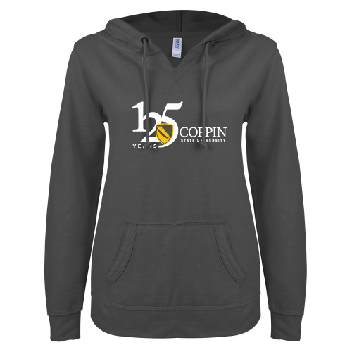  ENZA Womens Dark Heather V Notch Raw Edge Fleece Hoodie - CSU - 125 Years Flat