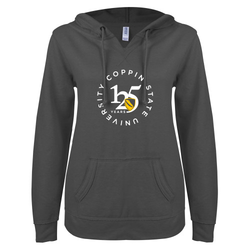 ENZA Womens Dark Heather V Notch Raw Edge Fleece Hoodie - CSU - 125 Years Circle