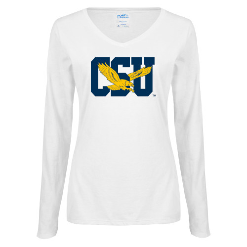  Womens White Long Sleeve V Neck Tee - Official Logo
