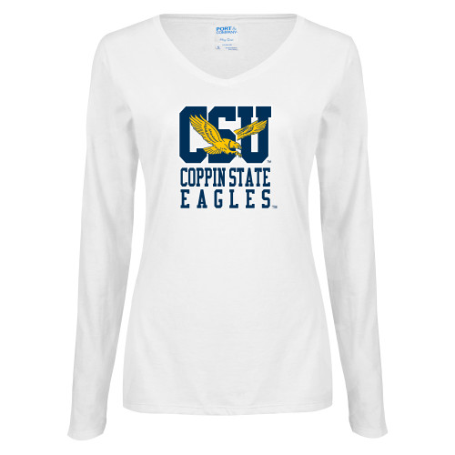  Womens White Long Sleeve V Neck Tee - CSU Coppin State Eagles