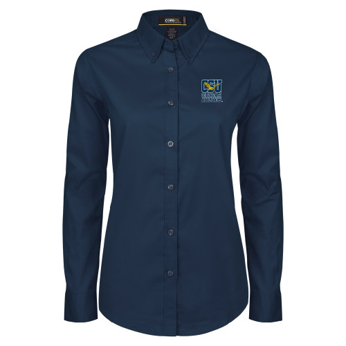  Womens Navy Twill Button Down Long Sleeve  - CSU Coppin State Athletics