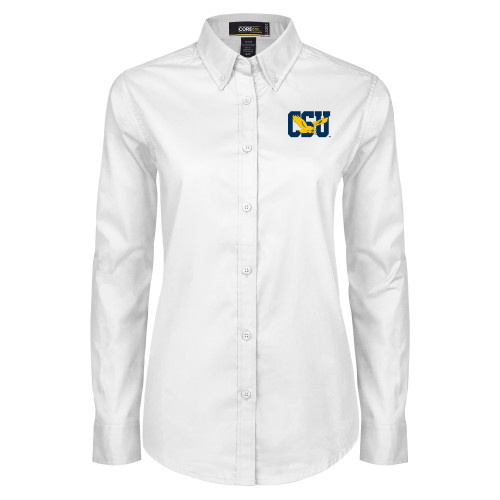  Womens White Twill Button Down Long Sleeve - Official Logo