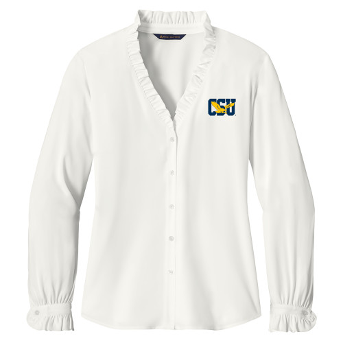  Brooks Brothers Womens Off White Long Sleeve Ruffle Collar Blouse - Official Logo