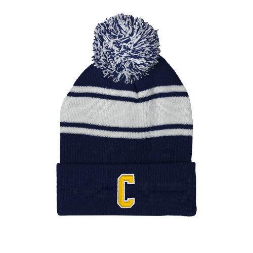  Navy/White Two Tone Knit Pom Beanie w/Cuff - Block C