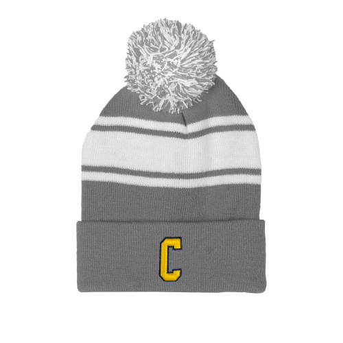  Grey/White Two Tone Knit Pom Beanie w/Cuff - Block C
