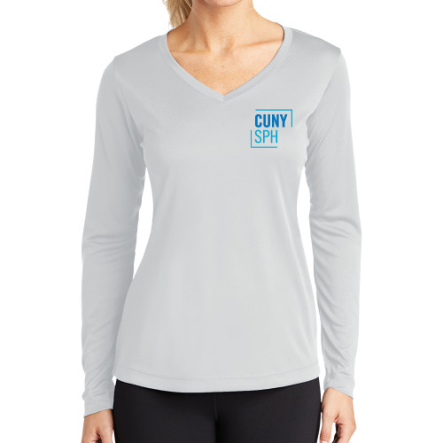 Womens White Performance Long Sleeve V Neck Shirt-CUNY SPH Square