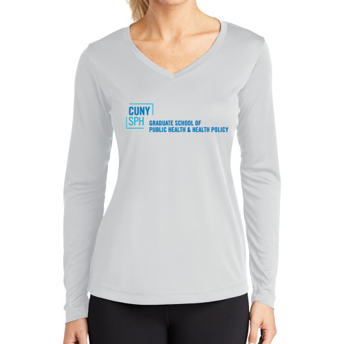 Womens White Performance Long Sleeve V Neck Shirt-Primary Mark