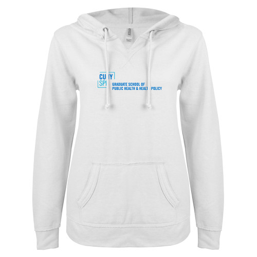 ENZA Womens White V Notch Raw Edge Fleece Hoodie-Primary Mark