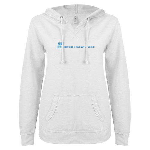 ENZA Womens White V Notch Raw Edge Fleece Hoodie-CUNY SPH Flat