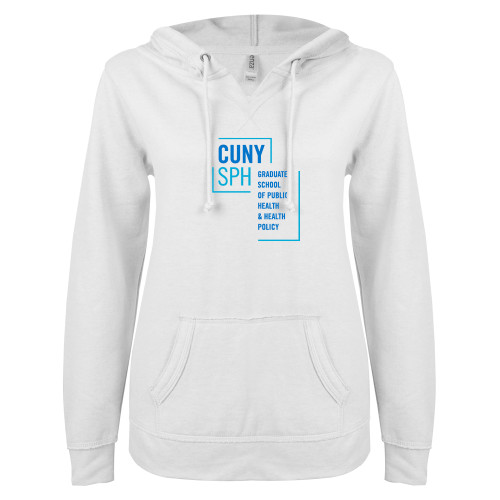 ENZA Womens White V Notch Raw Edge Fleece Hoodie-CUNY SPH