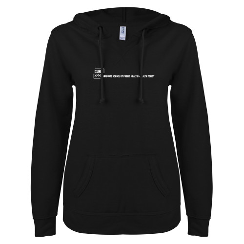 ENZA Womens Black V Notch Raw Edge Fleece Hoodie-CUNY SPH Flat