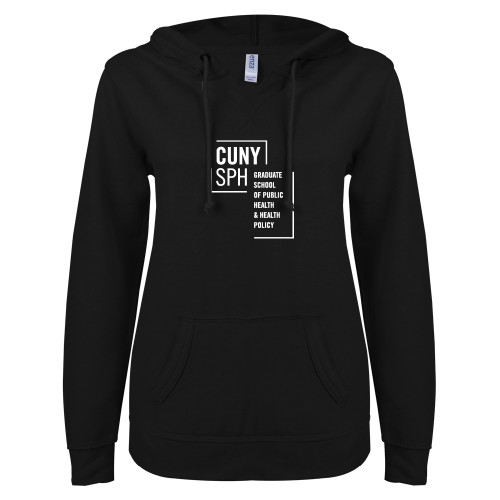 ENZA Womens Black V Notch Raw Edge Fleece Hoodie-CUNY SPH