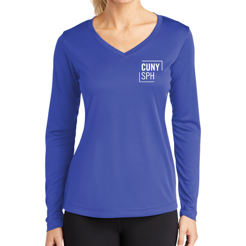 Womens Royal Performance Long Sleeve V Neck Shirt-CUNY SPH Square