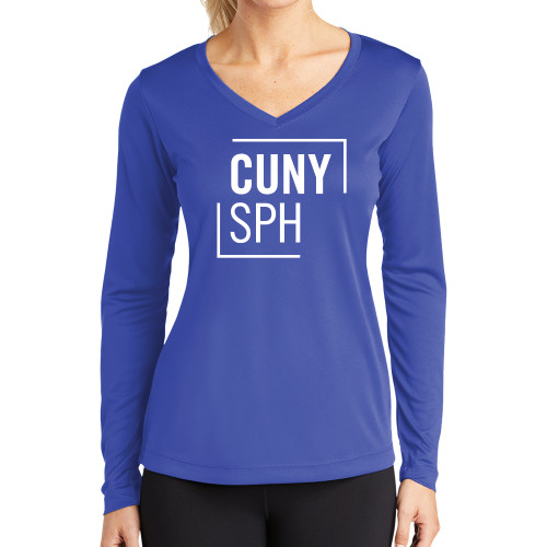 Womens Royal Performance Long Sleeve V Neck Shirt-CUNY SPH Square