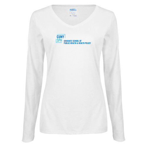 Womens White Long Sleeve V Neck Tee-Primary Mark