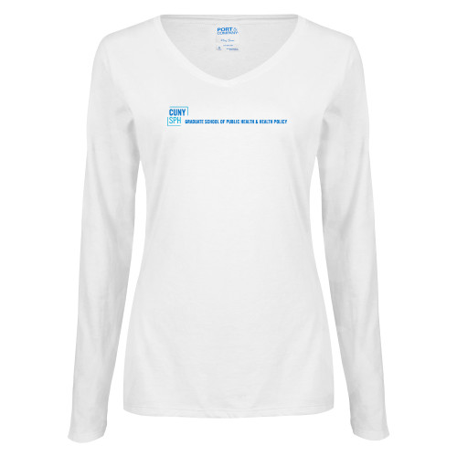 Womens White Long Sleeve V Neck Tee-CUNY SPH Flat