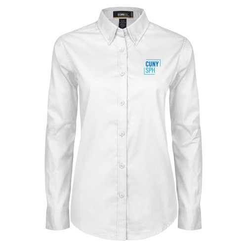 Womens White Twill Button Down Long Sleeve-CUNY SPH Square