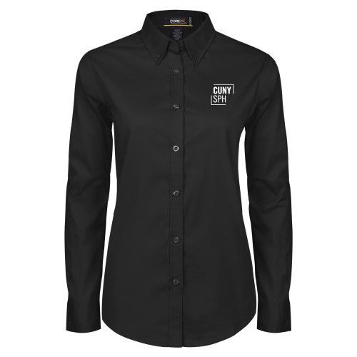Womens Black Twill Button Down Long Sleeve -CUNY SPH Square