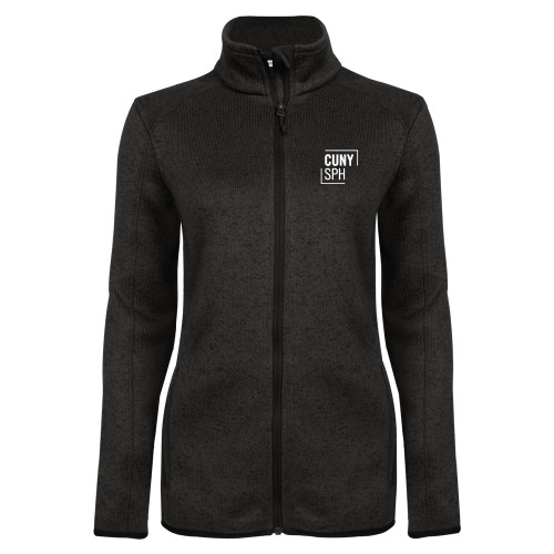 Womens Black Heather Fleece Jacket-CUNY SPH Square