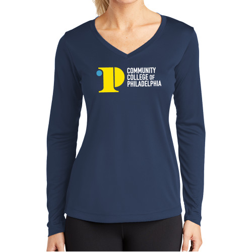  Womens Navy Performance Long Sleeve V Neck Shirt - CCP Institutional Mark