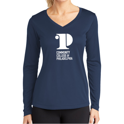  Womens Navy Performance Long Sleeve V Neck Shirt - CCP Institutional Mark - Vertical
