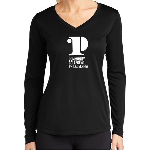  Womens Black Performance Long Sleeve V Neck Shirt - CCP Institutional Mark - Vertical
