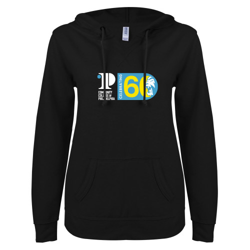  ENZA Womens Black V Notch Raw Edge Fleece Hoodie - CCP Celebrating 60 Years