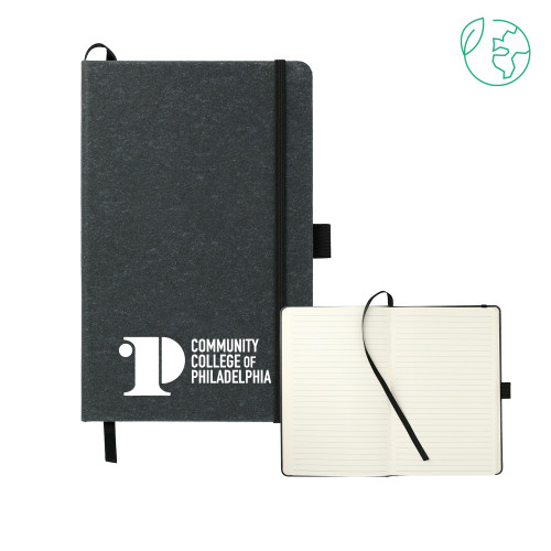  5.5 x 8.5 Black FSC Mix Recycled Leather Bound Journal - Community College of Philadelphia w/ Lion in Circle