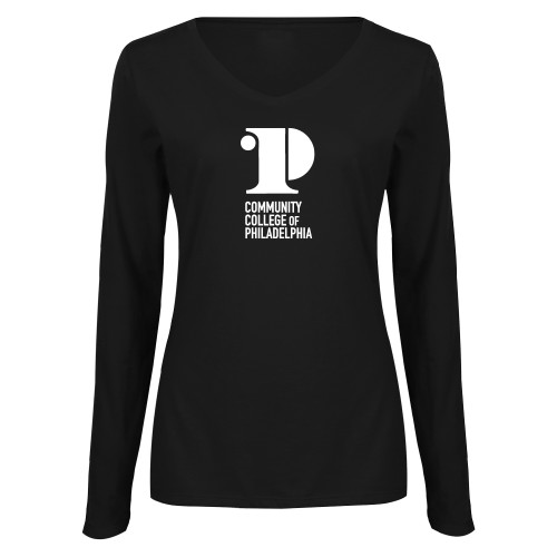  Womens Black Long Sleeve V Neck Tee  - CCP Institutional Mark - Vertical