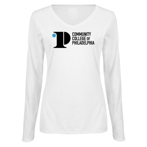  Womens White Long Sleeve V Neck Tee  - CCP Institutional Mark