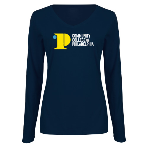  Womens Navy Long Sleeve V Neck Tee  - CCP Institutional Mark
